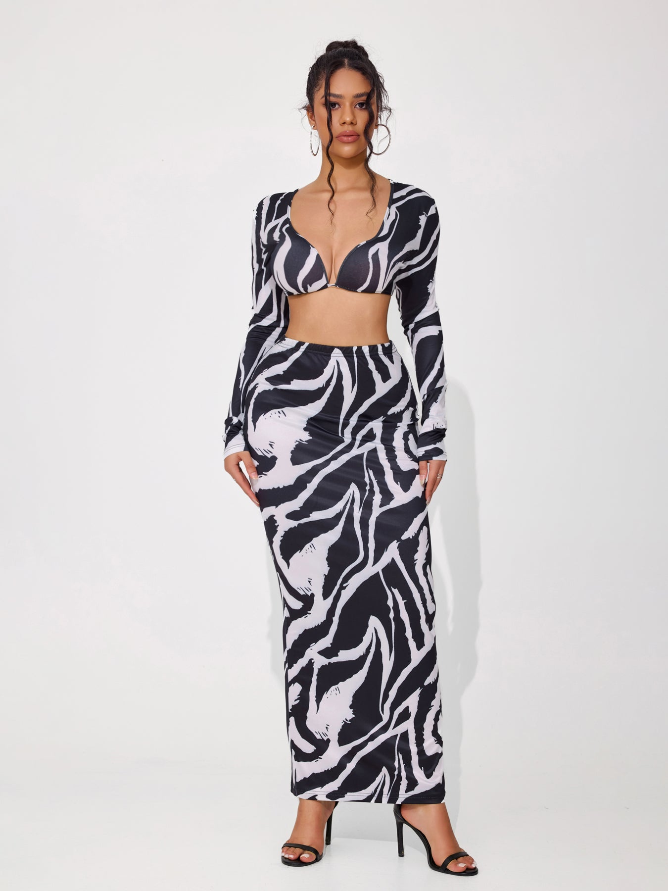 Women's Sexy Animal Print Low Cut Long Sleeve Dress Set