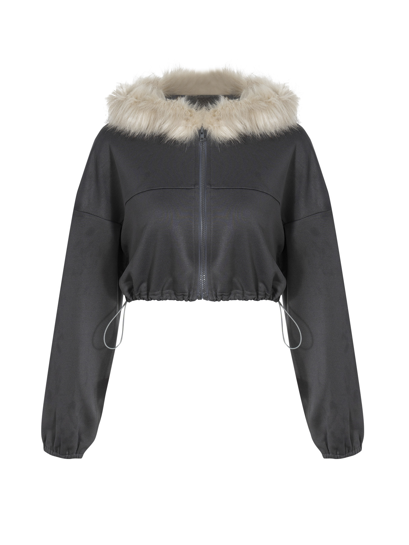Women's Fur Collar Short Hem Drawstring Zipper Sweatshirt Hooded Jacket