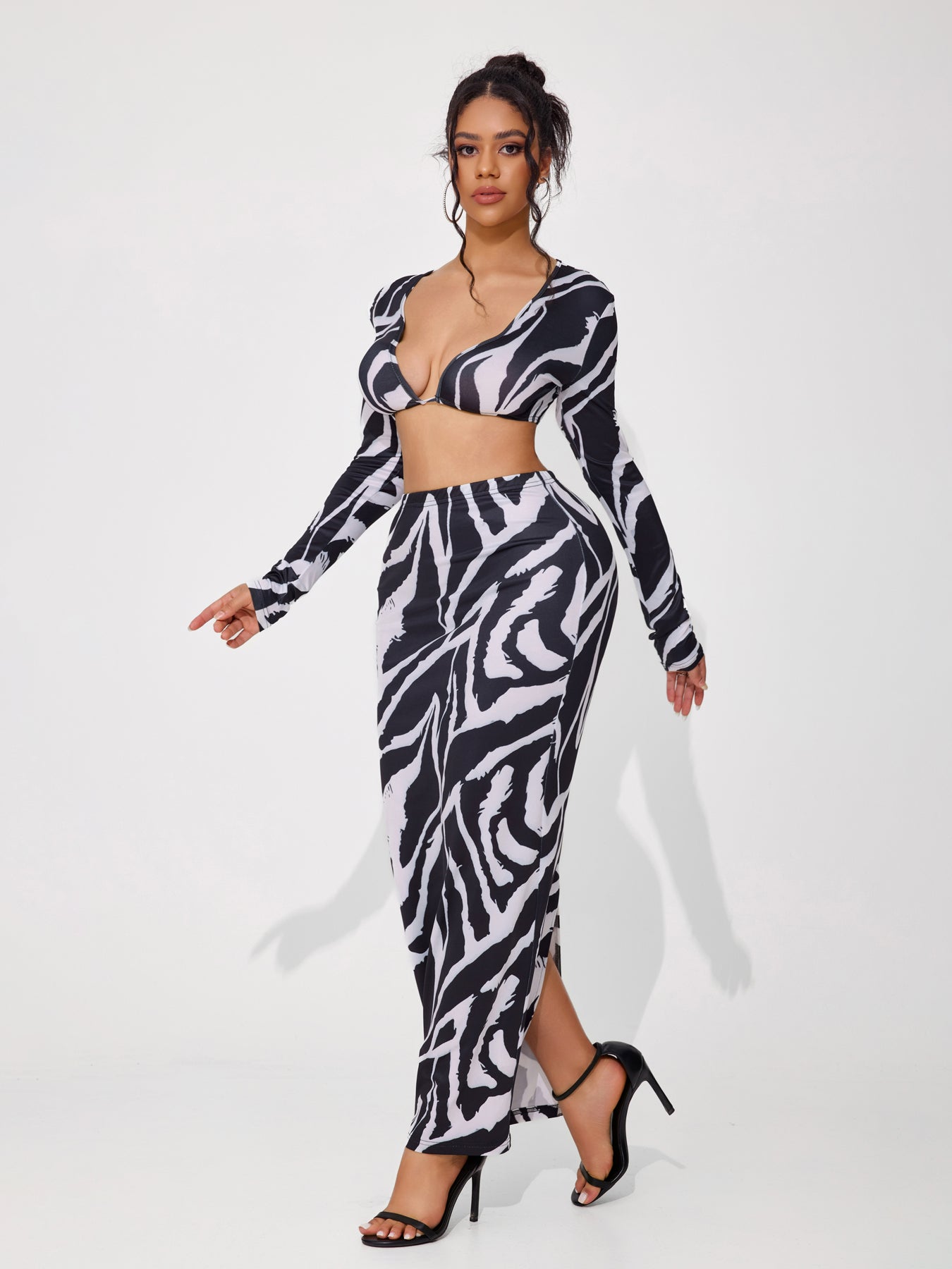Women's Sexy Animal Print Low Cut Long Sleeve Dress Set