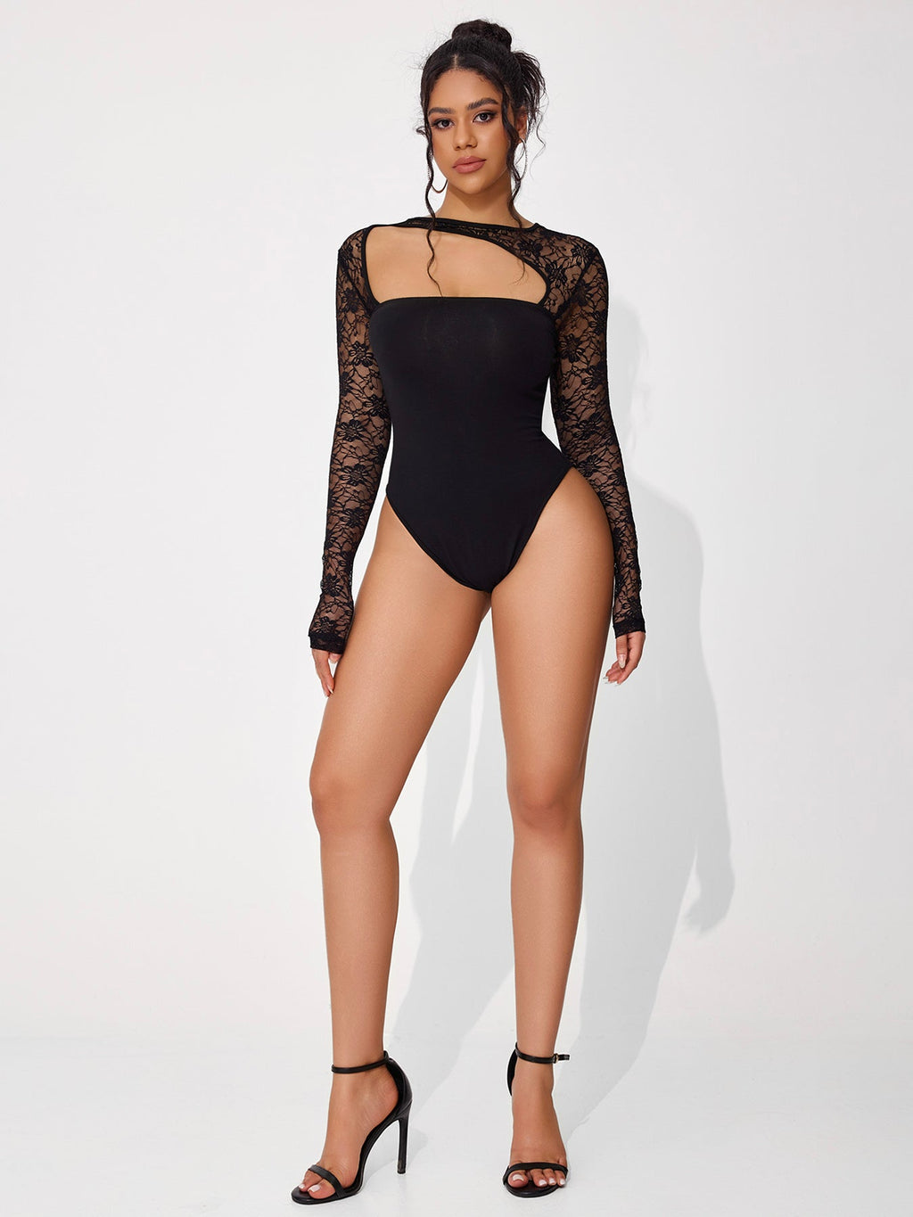 Ladies Lace Panel Hollow Long Sleeve Bodysuit