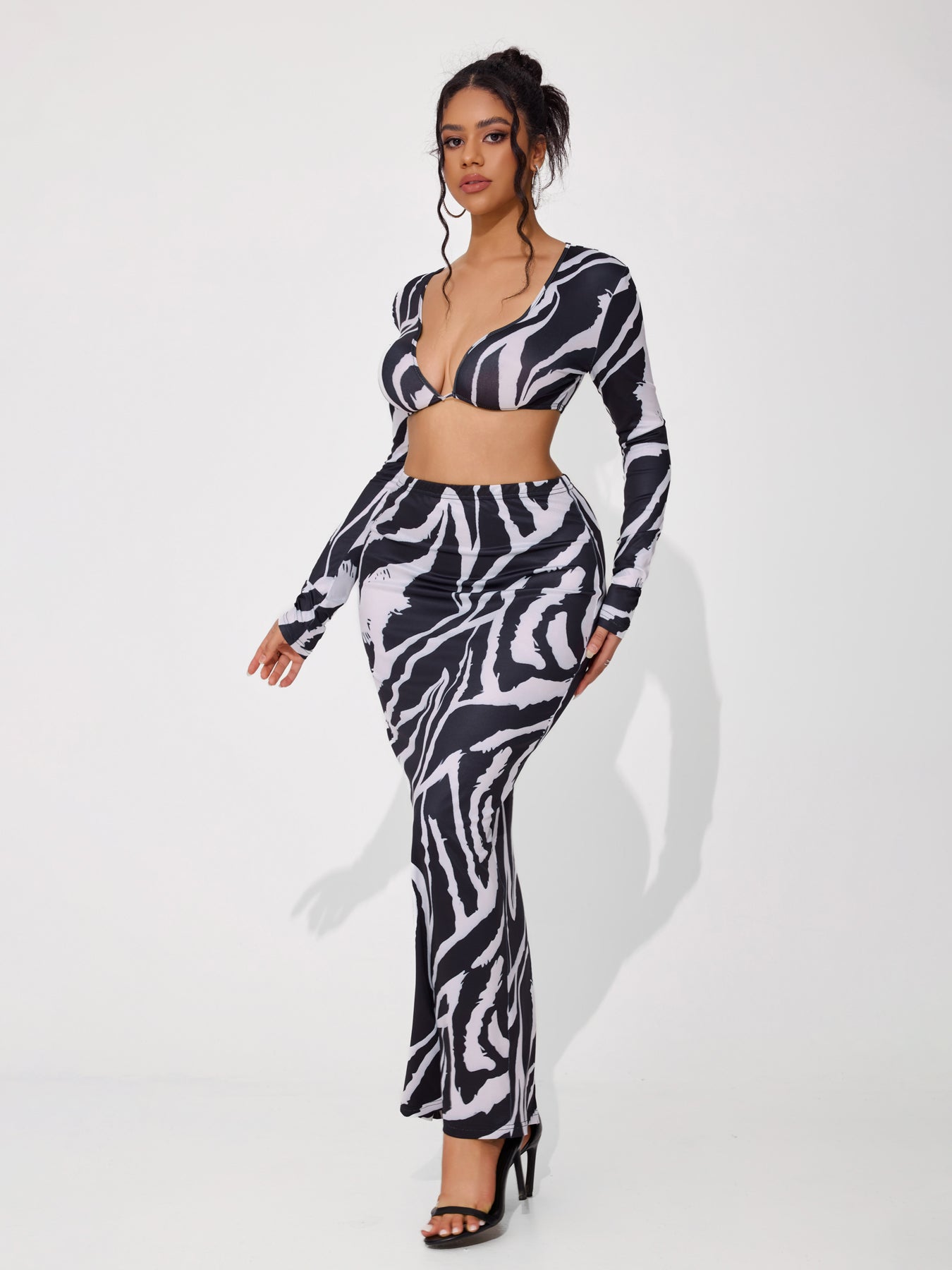Women's Sexy Animal Print Low Cut Long Sleeve Dress Set