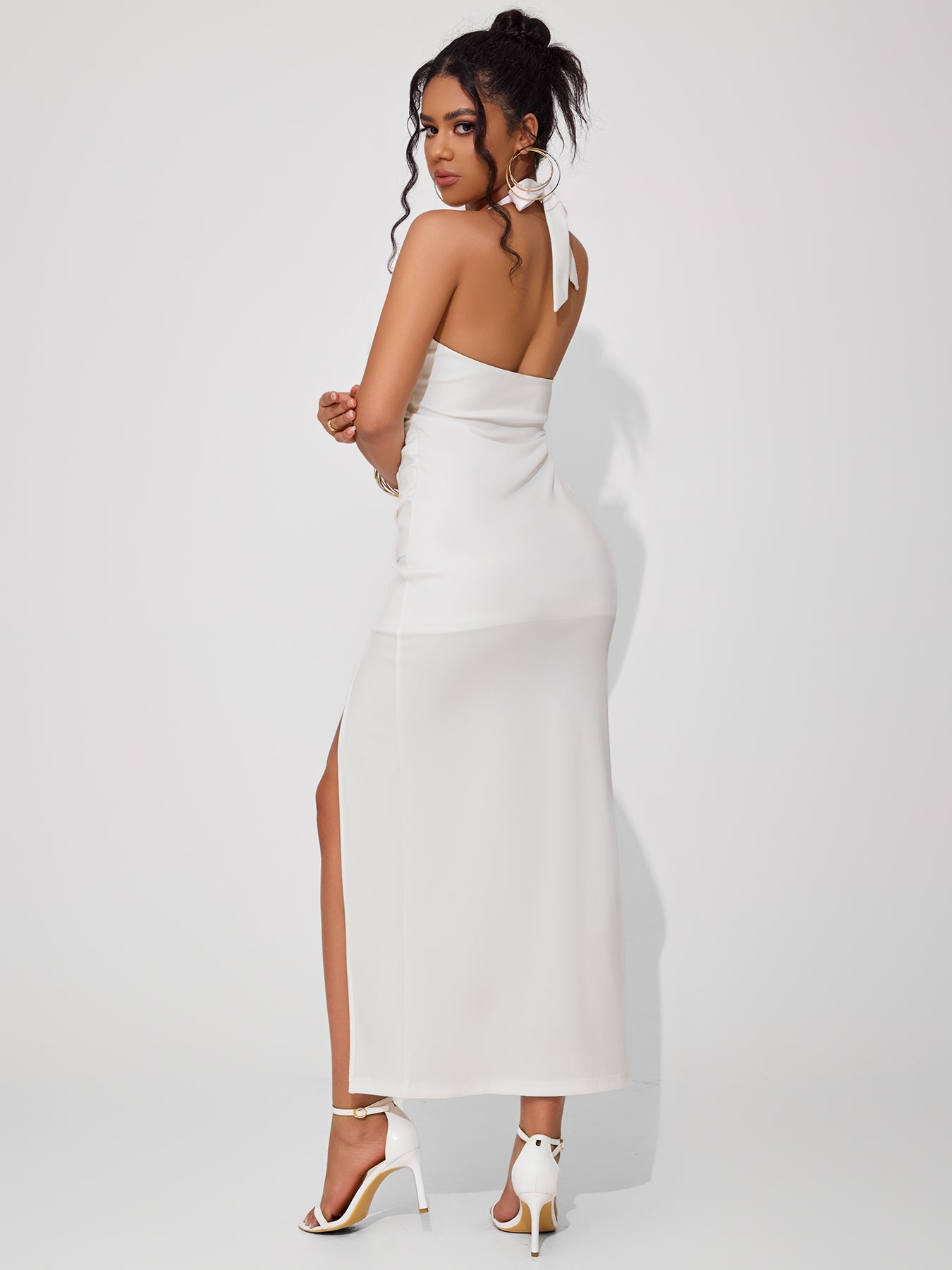 Women's High-slit Knitted Tie-up Evening Dress