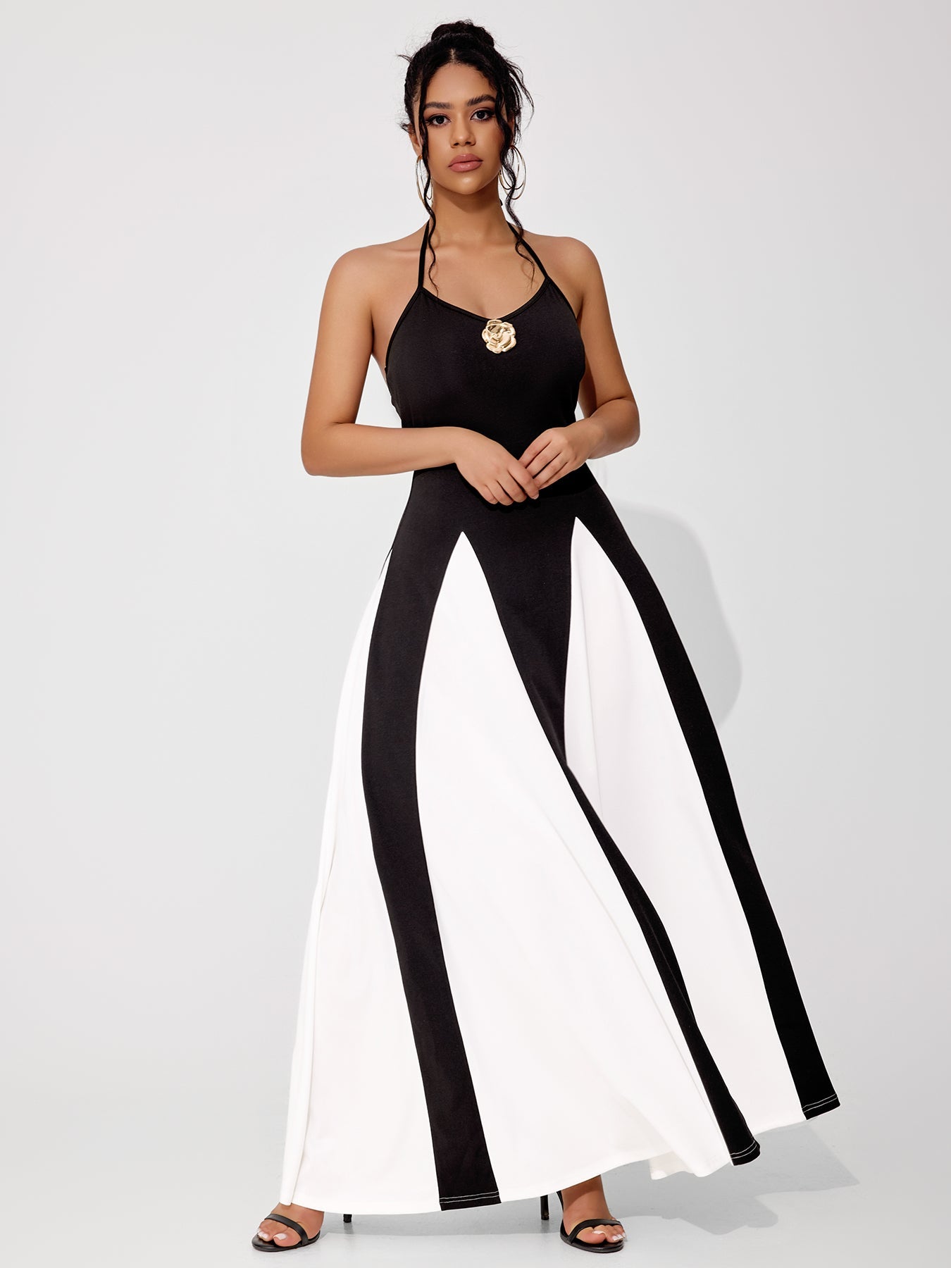 Women's Elegant Black And White Colorblock Waist Dress