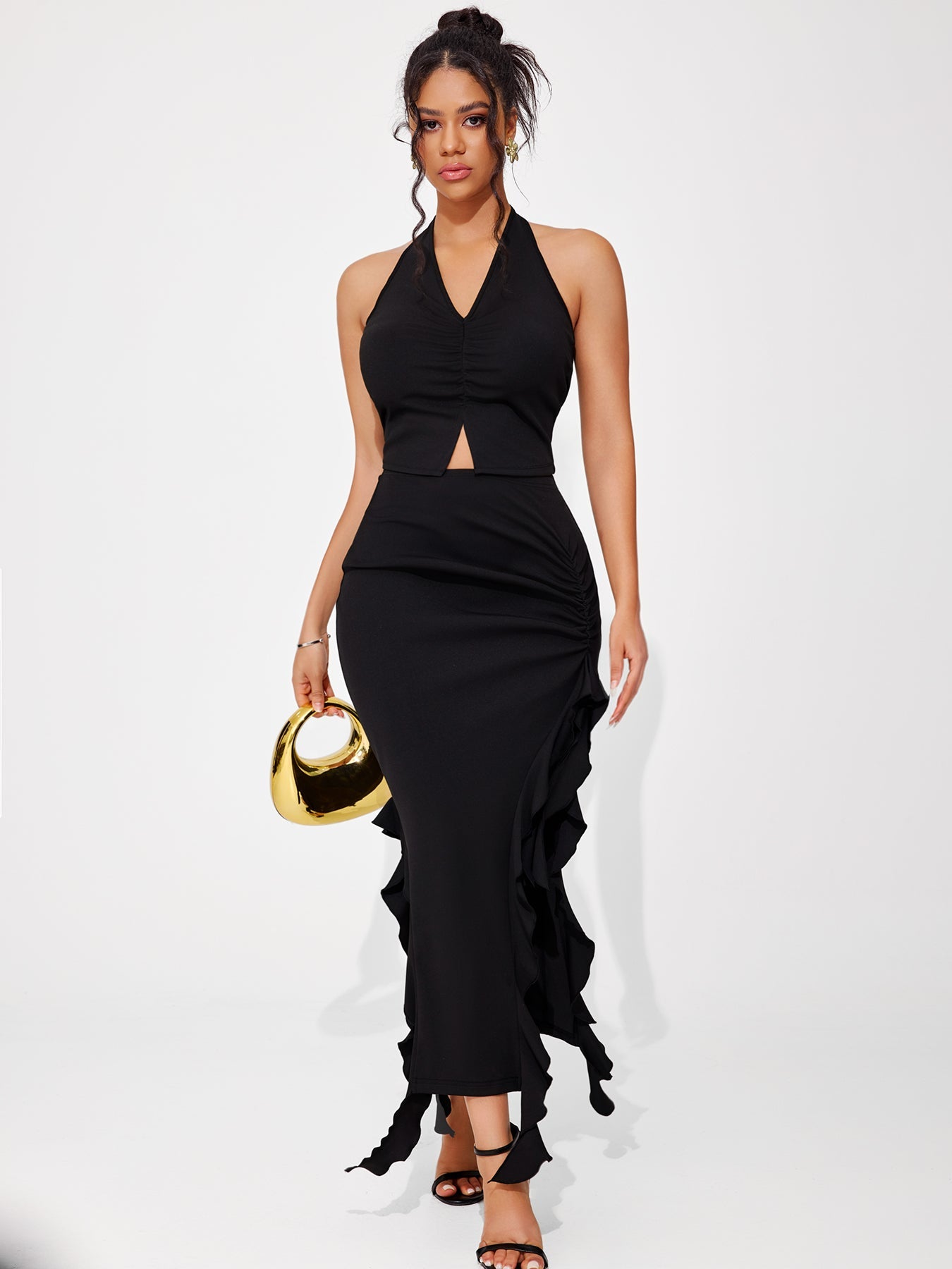 Women's Halter Top Irregular Ruffle Design Skirt Suit