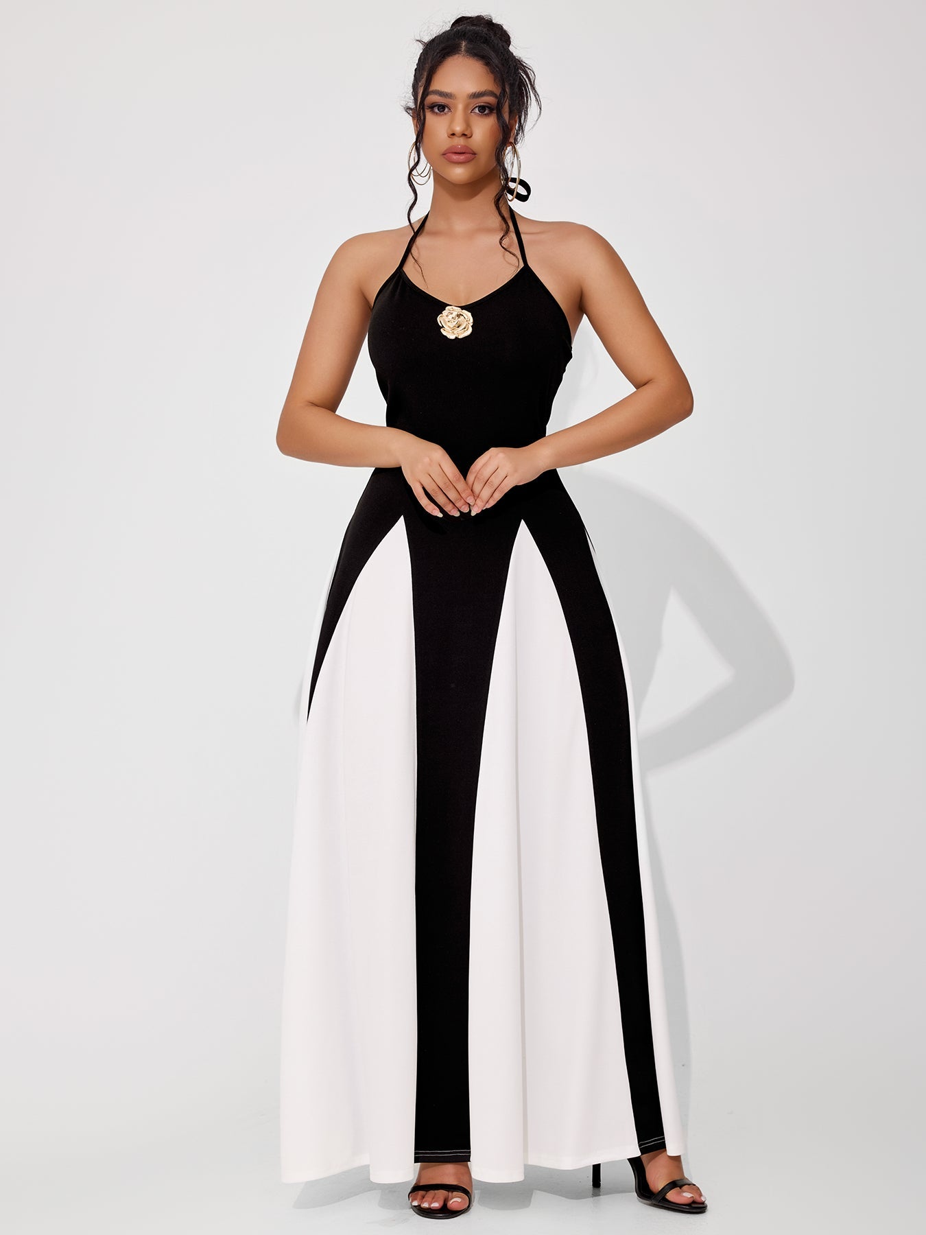 Women's Elegant Black And White Colorblock Waist Dress