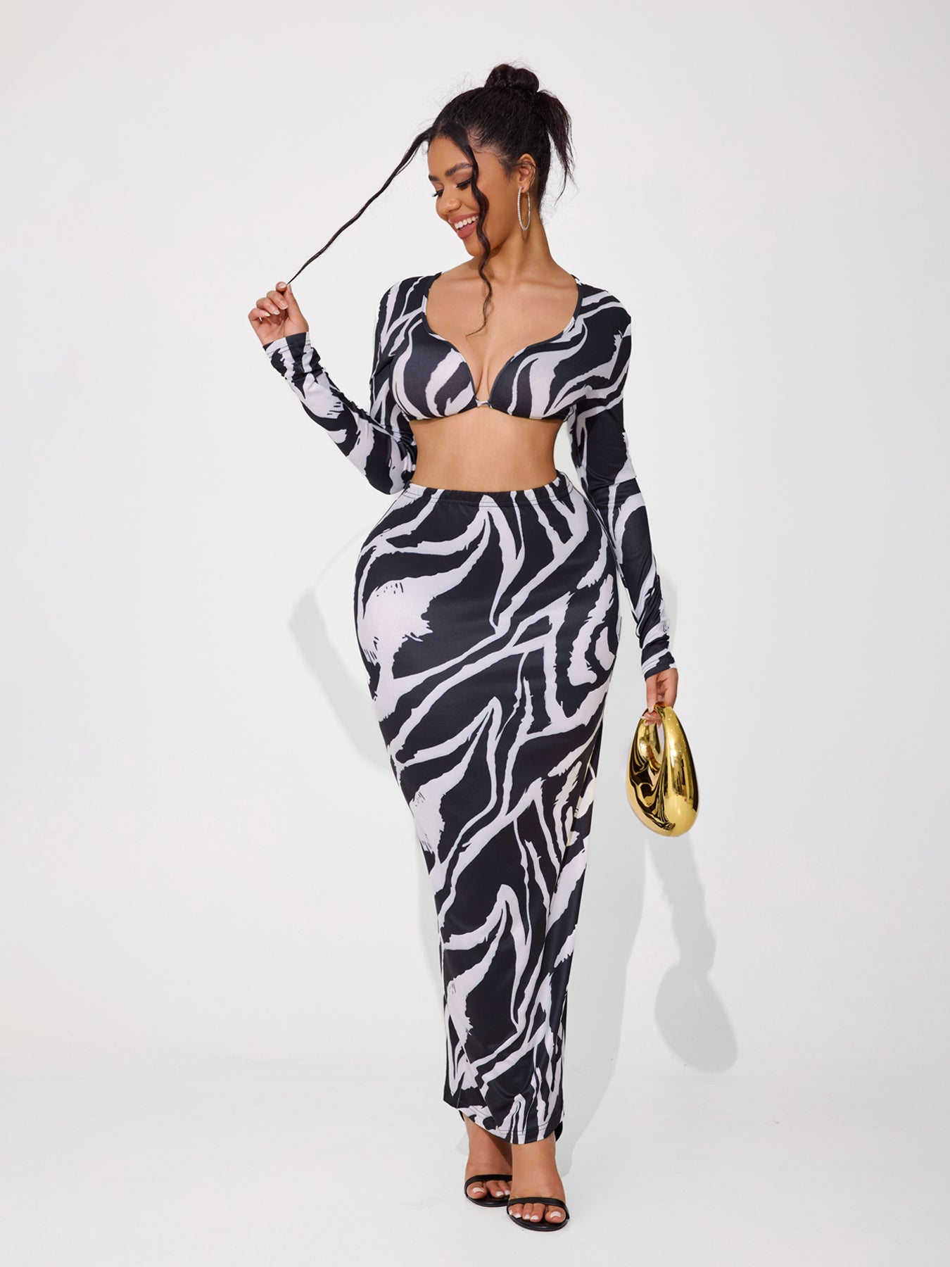 Women's Sexy Animal Print Low Cut Long Sleeve Dress Set