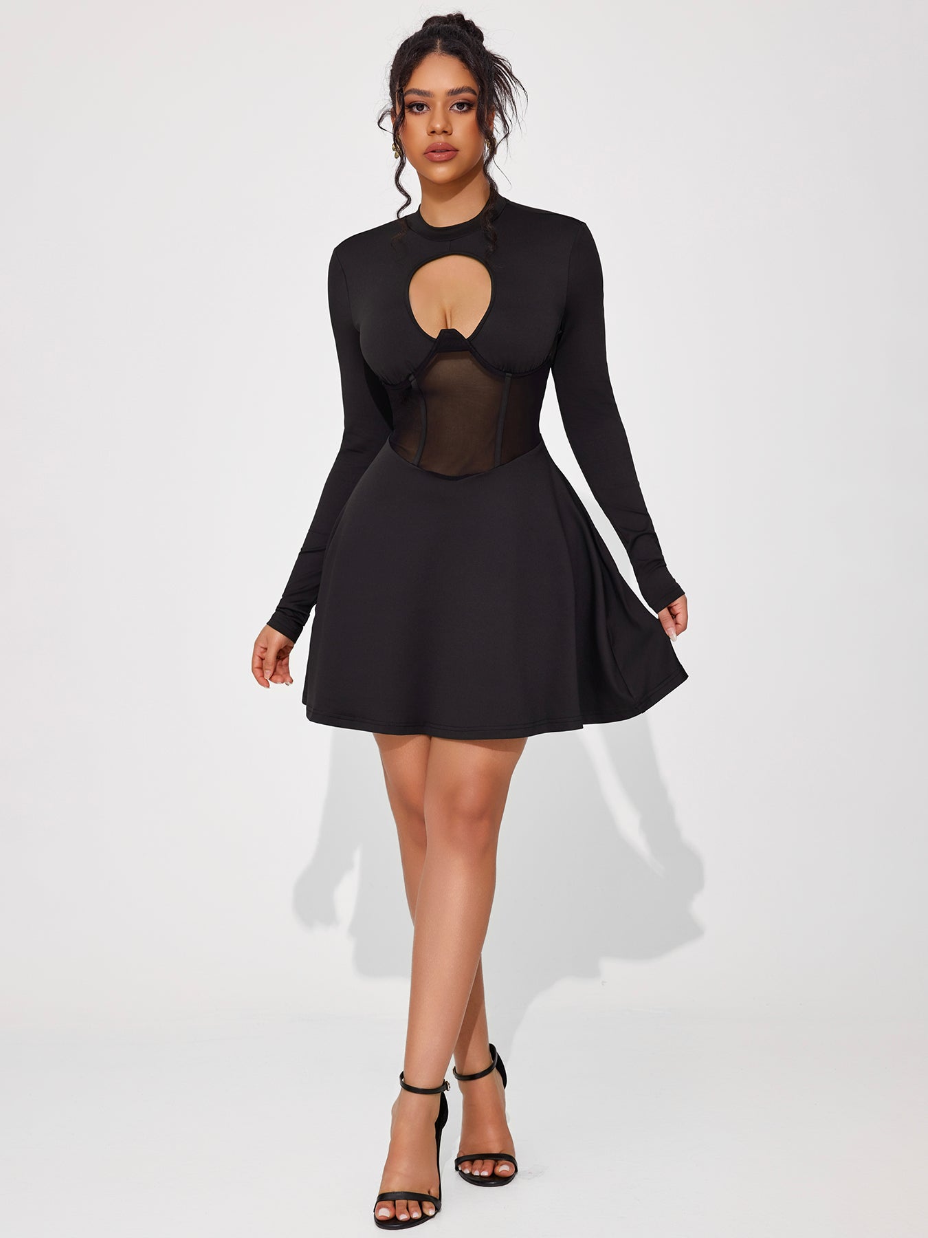 Women's Hollow See-through Stitching Design Long-sleeved Dress