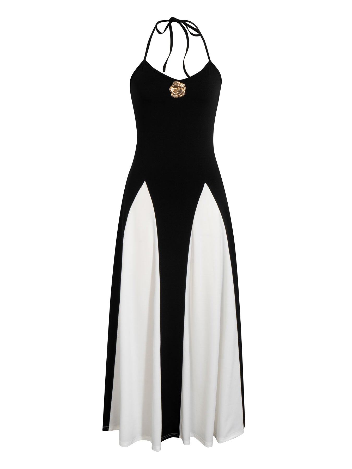 Women's Elegant Black And White Colorblock Waist Dress