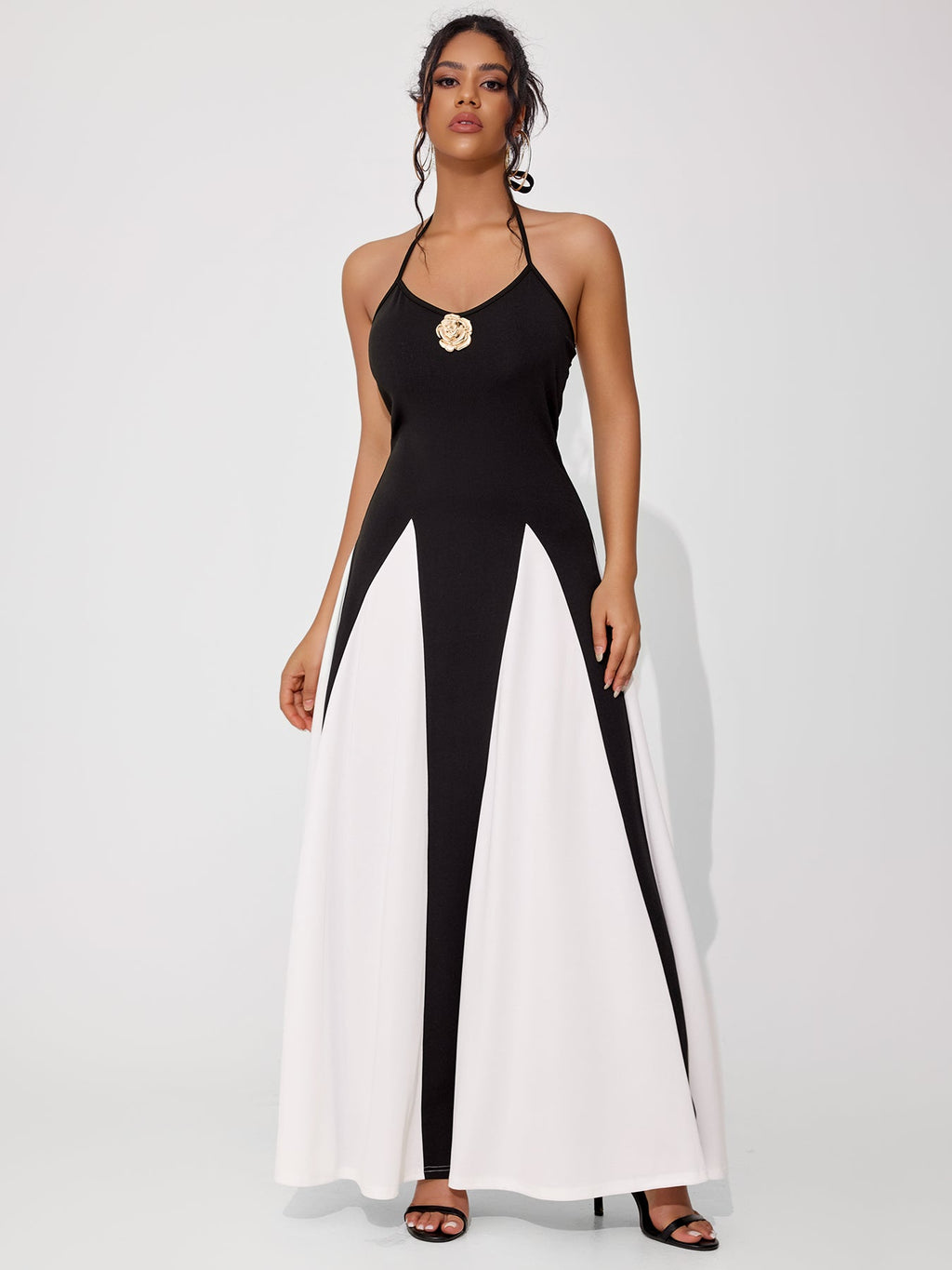Women's Elegant Black And White Colorblock Waist Dress