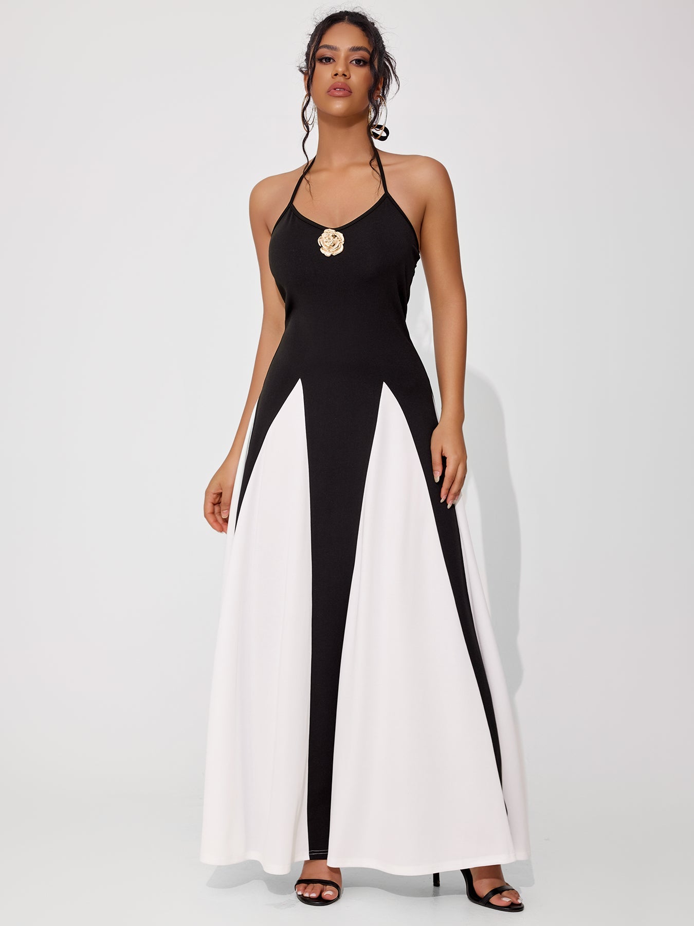 Women's Elegant Black And White Colorblock Waist Dress