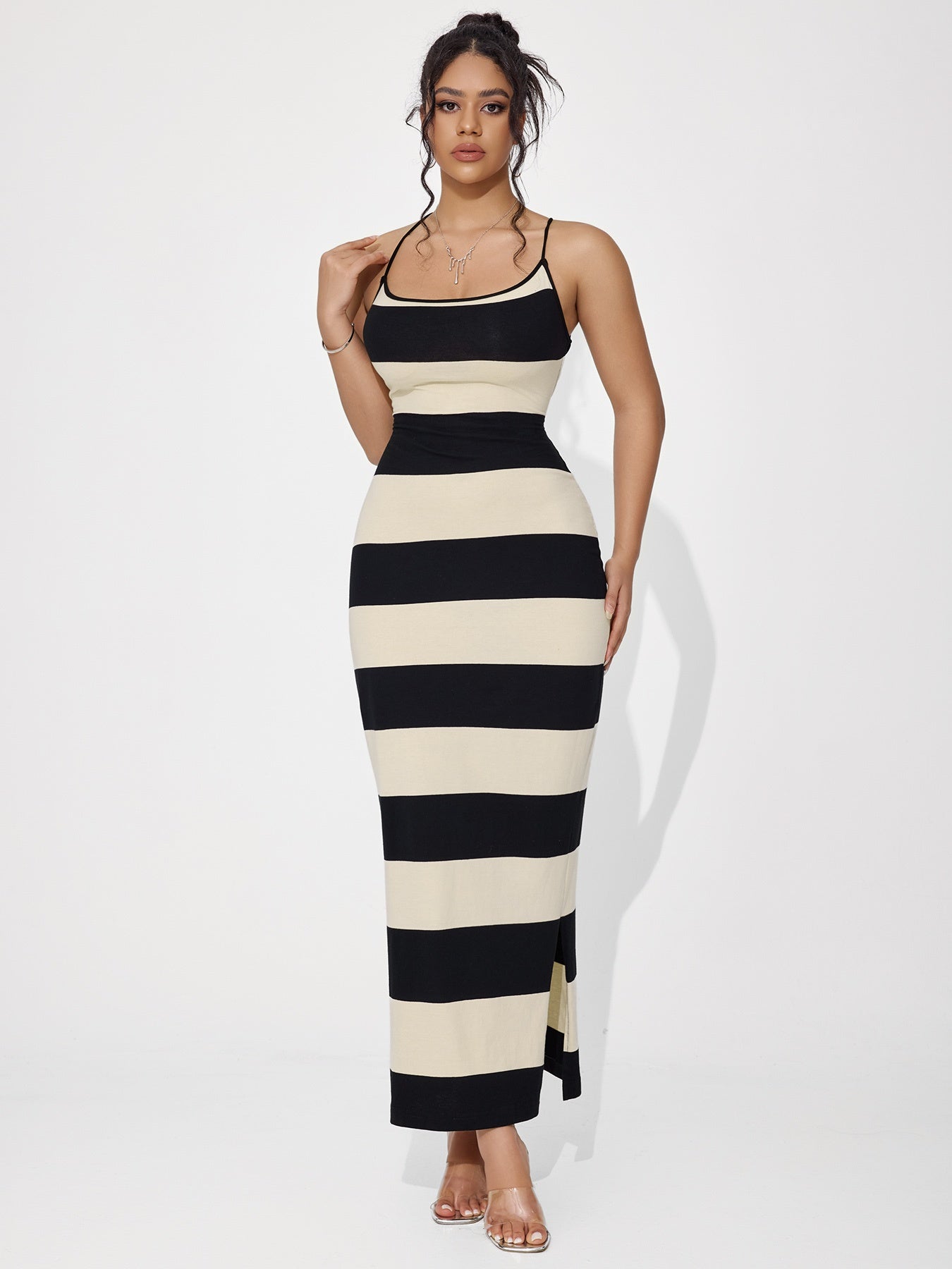Women's Sexy Elegant Striped Knitted Backless Lace-up Dress