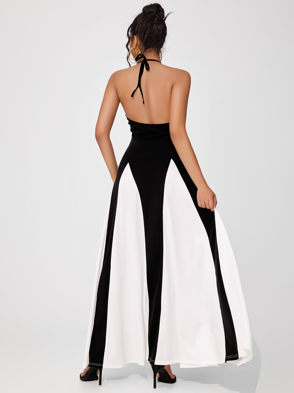 Women's Elegant Black And White Colorblock Waist Dress
