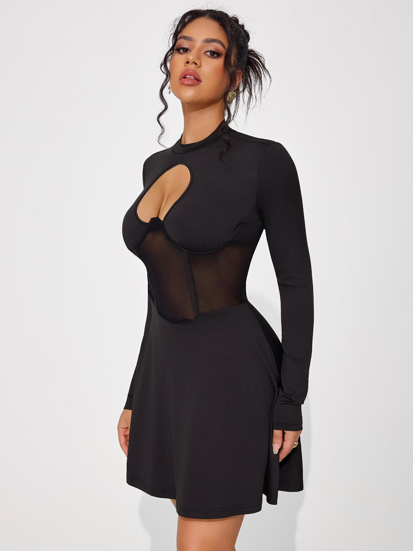 Women's Hollow See-through Stitching Design Long-sleeved Dress