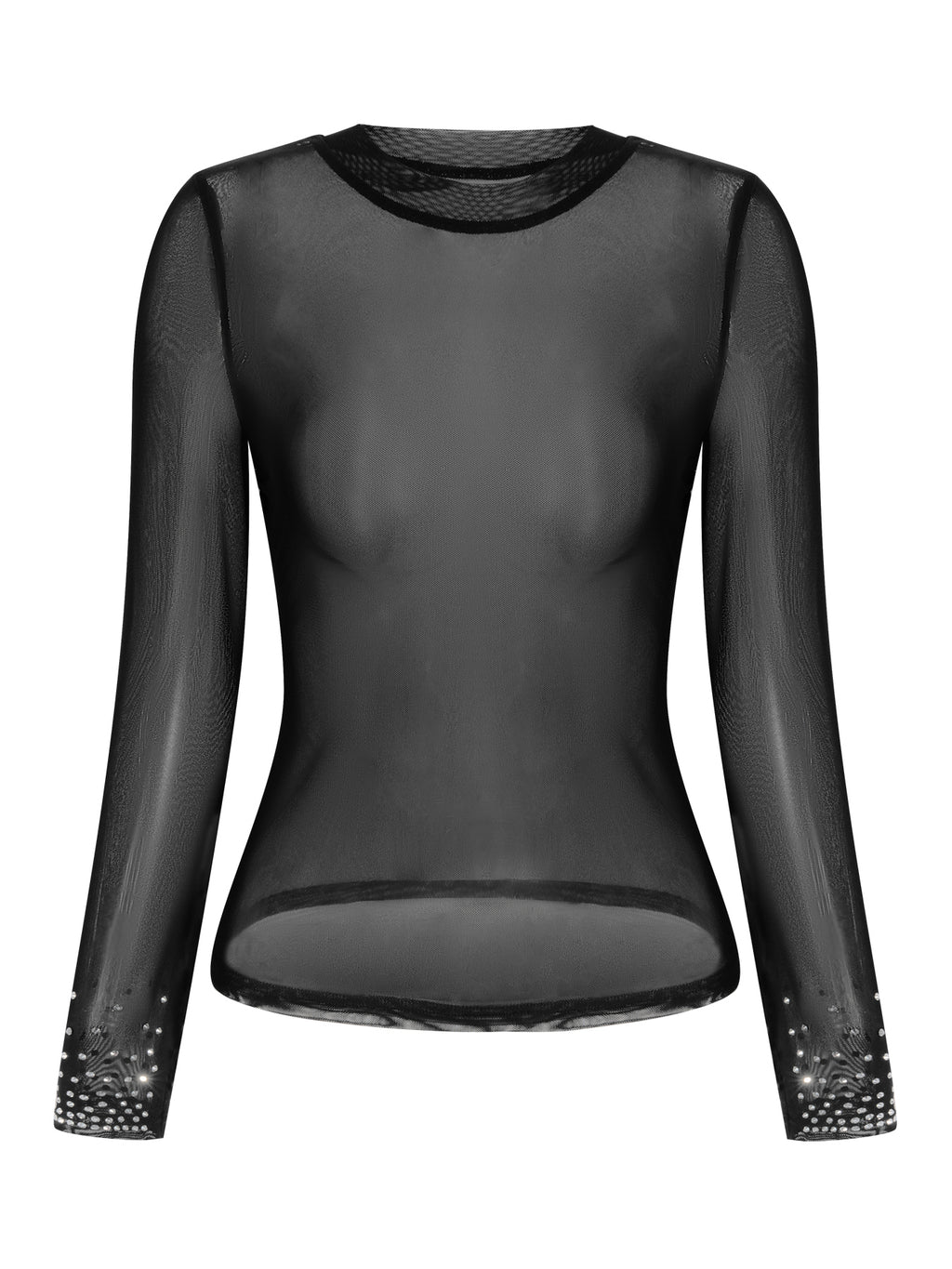 Women's Round Neck Rhinestone Mesh Sheer T-shirt