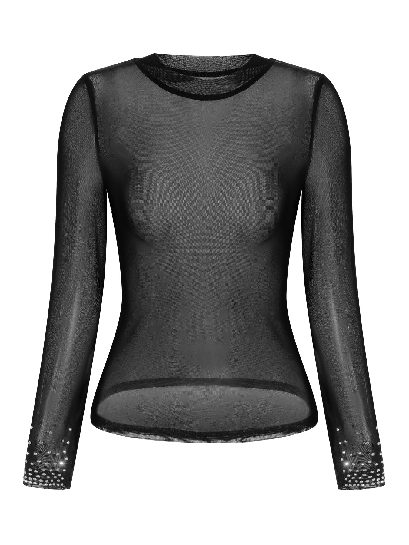 Women's Round Neck Rhinestone Mesh Sheer T-shirt