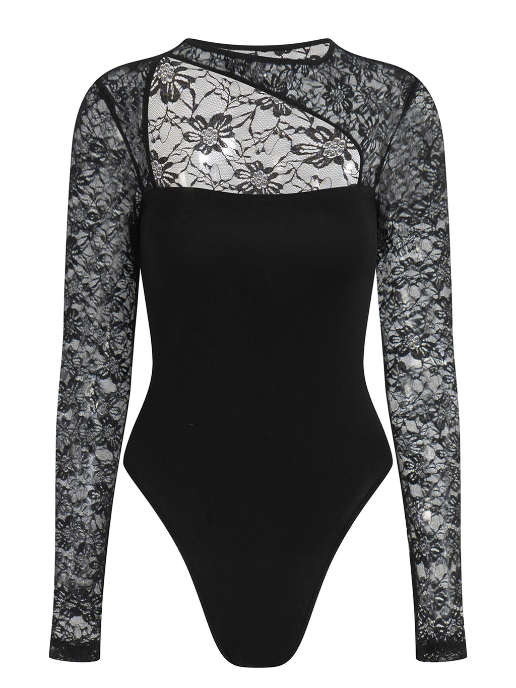 Ladies Lace Panel Hollow Long Sleeve Bodysuit