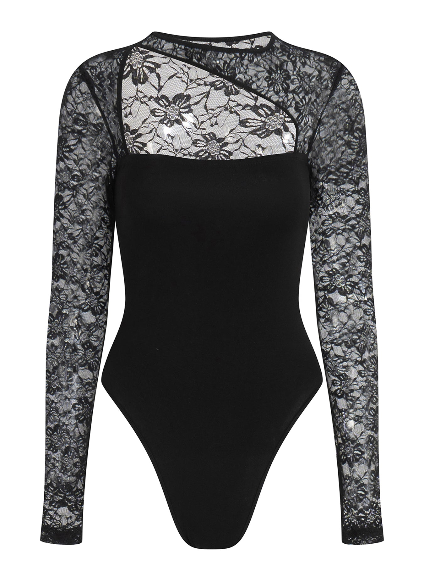 Ladies Lace Panel Hollow Long Sleeve Bodysuit
