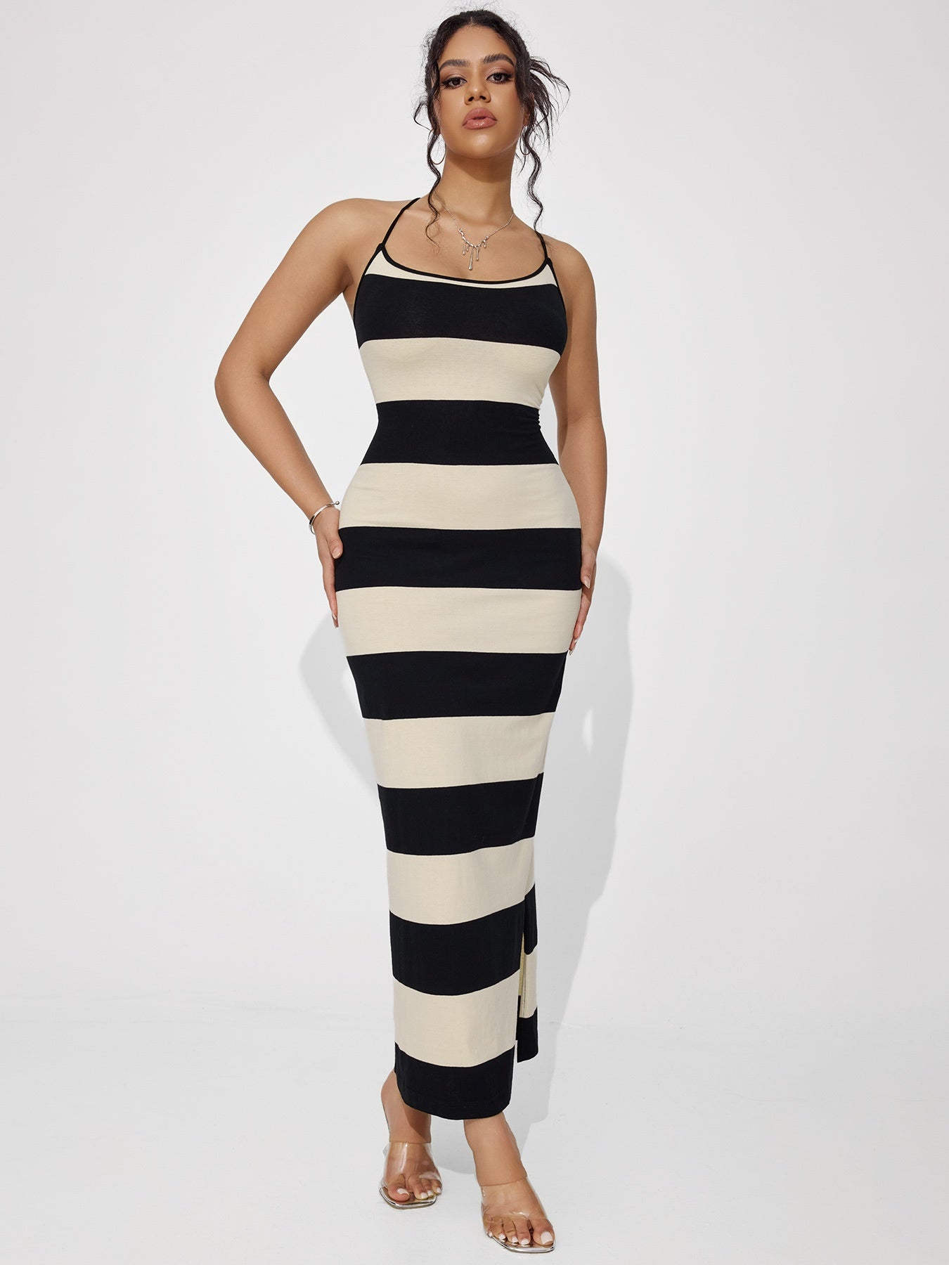 Women's Sexy Elegant Striped Knitted Backless Lace-up Dress
