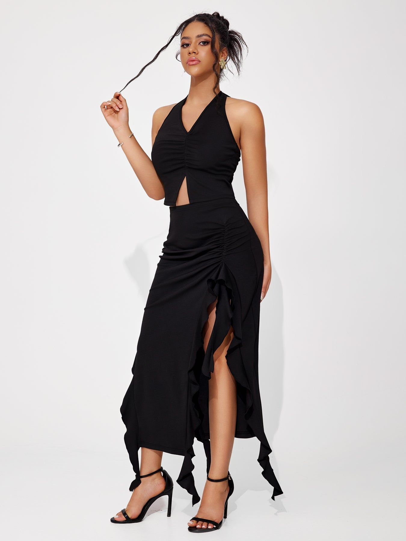 Women's Halter Top Irregular Ruffle Design Skirt Suit