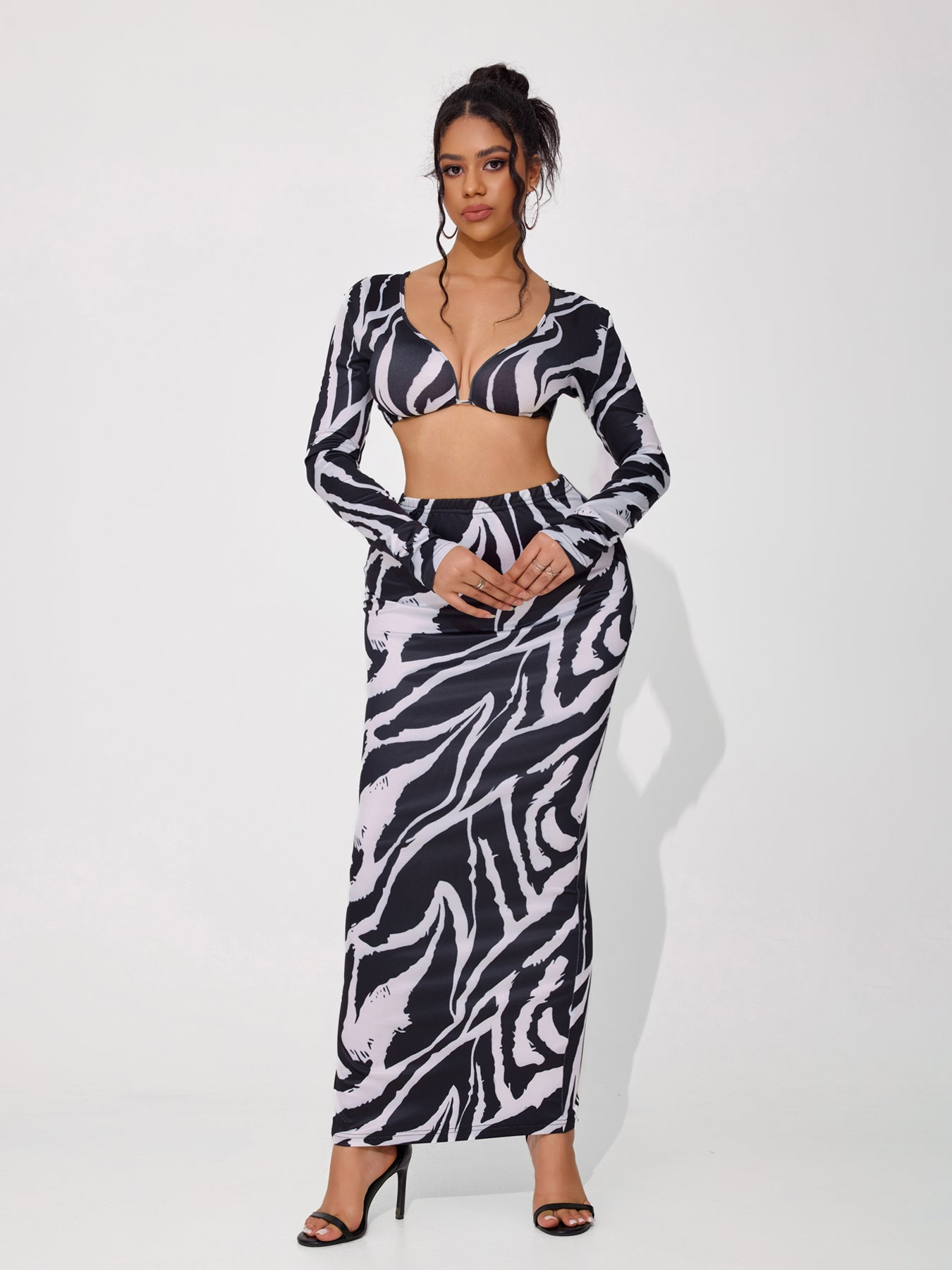 Women's Sexy Animal Print Low Cut Long Sleeve Dress Set