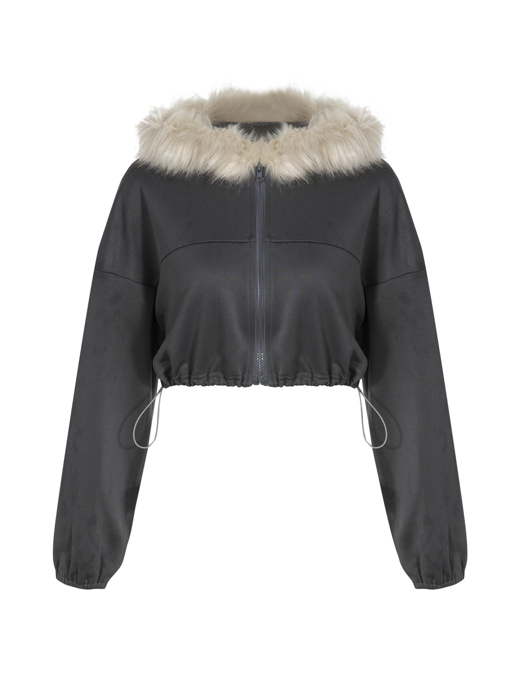 Women's Fur Collar Short Hem Drawstring Zipper Sweatshirt Hooded Jacket