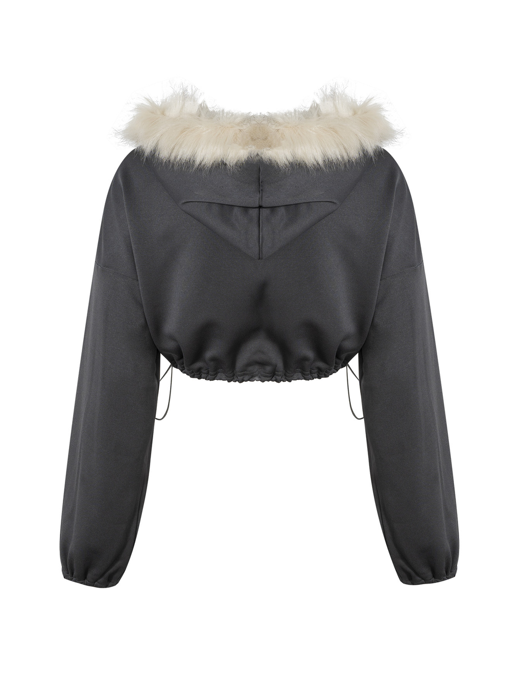 Women's Fur Collar Short Hem Drawstring Zipper Sweatshirt Hooded Jacket