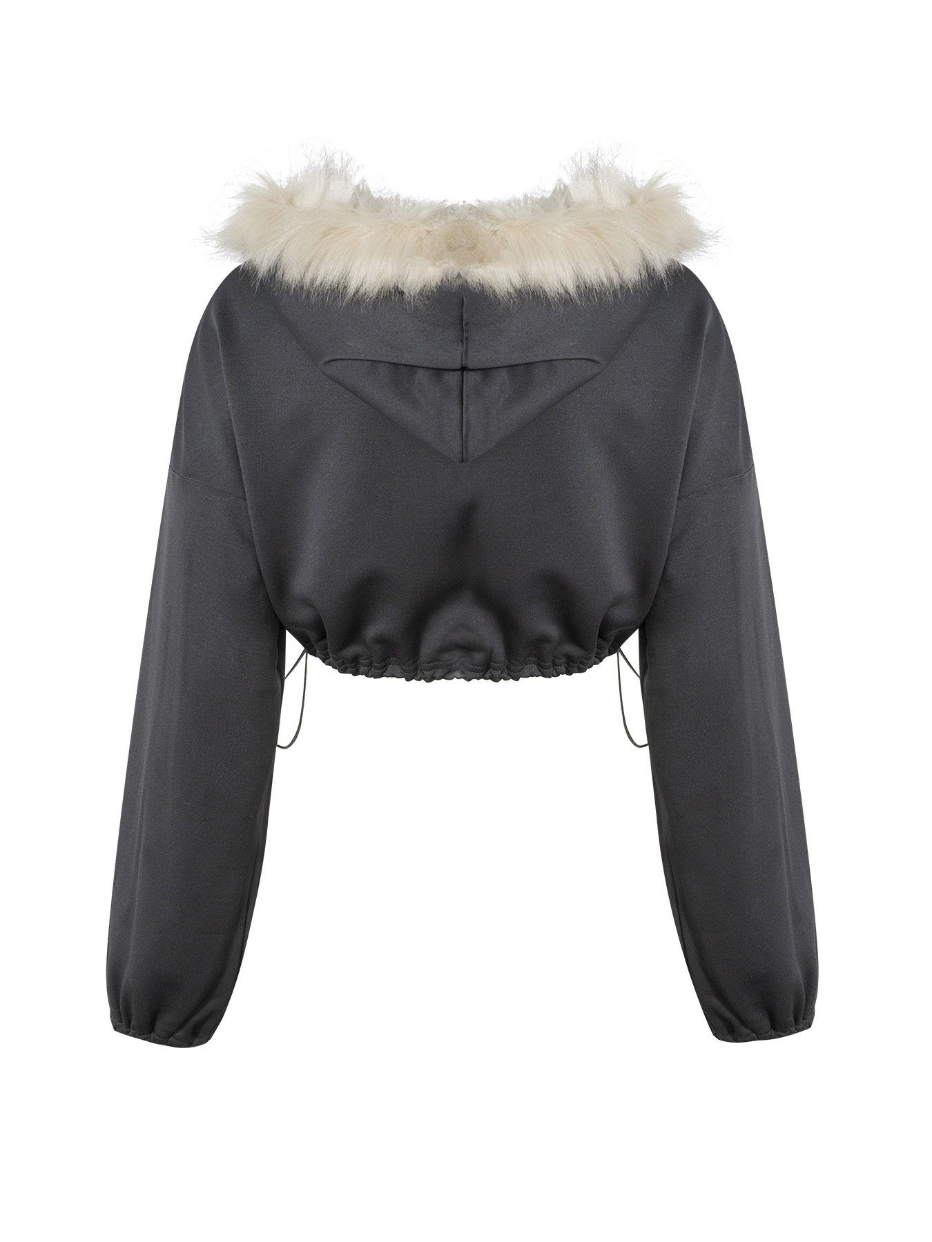 Women's Fur Collar Short Hem Drawstring Zipper Sweatshirt Hooded Jacket